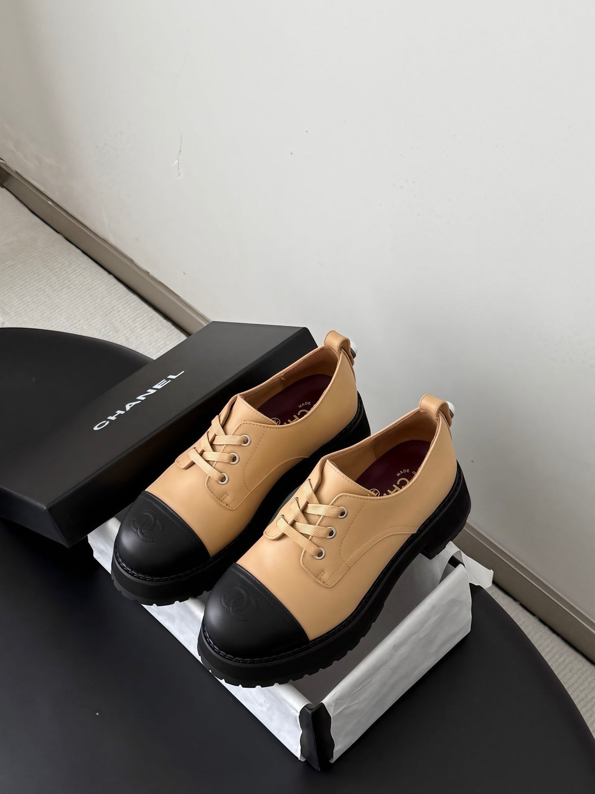 Chanel 26s Lace Up Platform Black Beige Calfskin