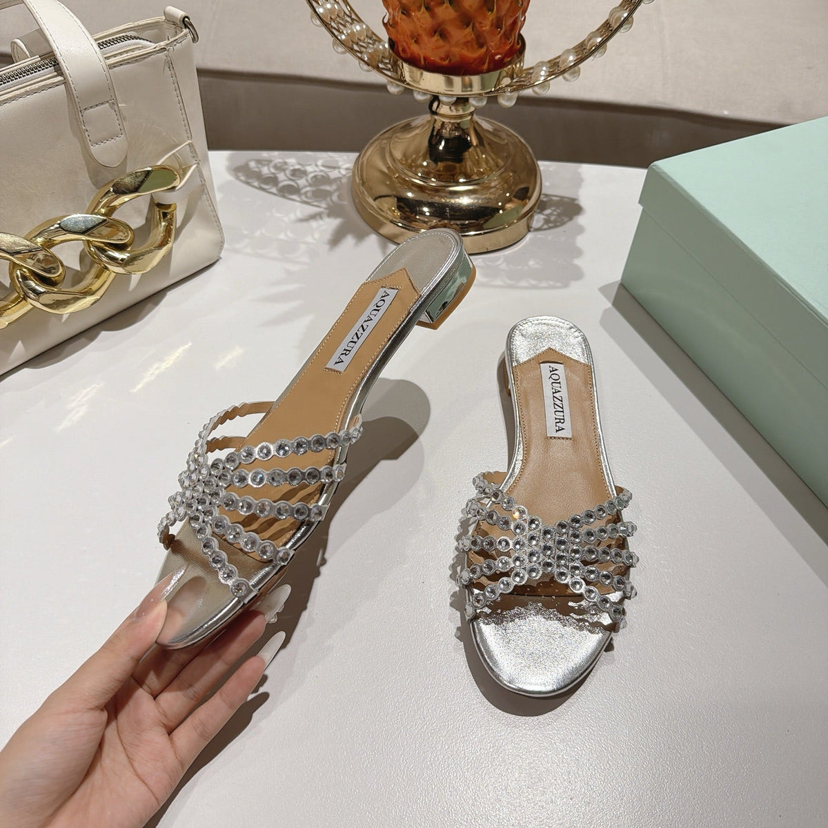 Aquazzura 26s Slides Silver Lambskin Crystal Embellished 820493