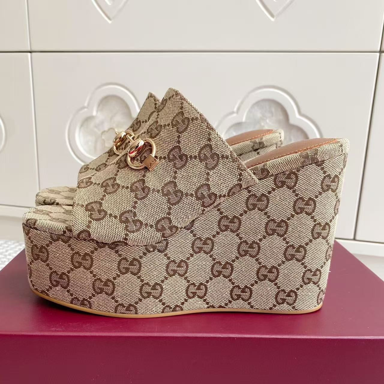 GG Women's Wedge Sandal 105mm Beige Brown Canvas