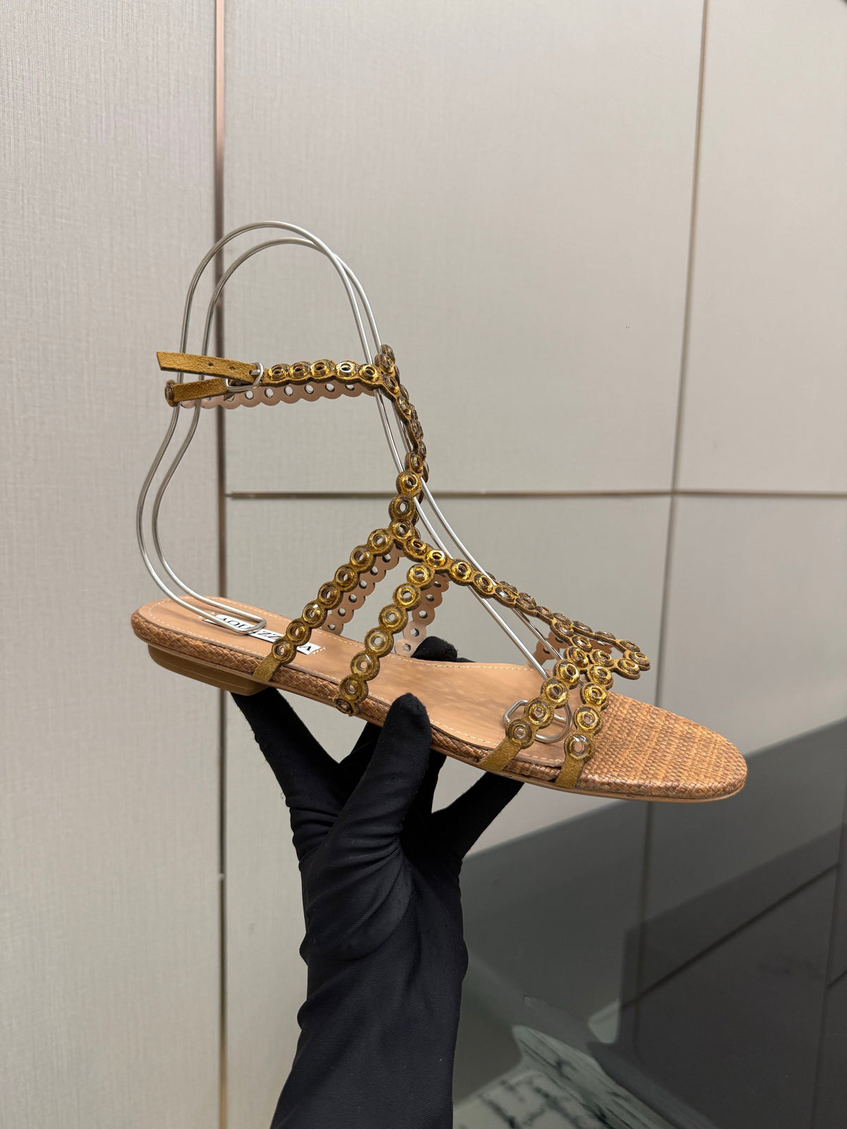 Aquazzura 26s Ankle-Strap Sandals Brown Woven Fabric 502814