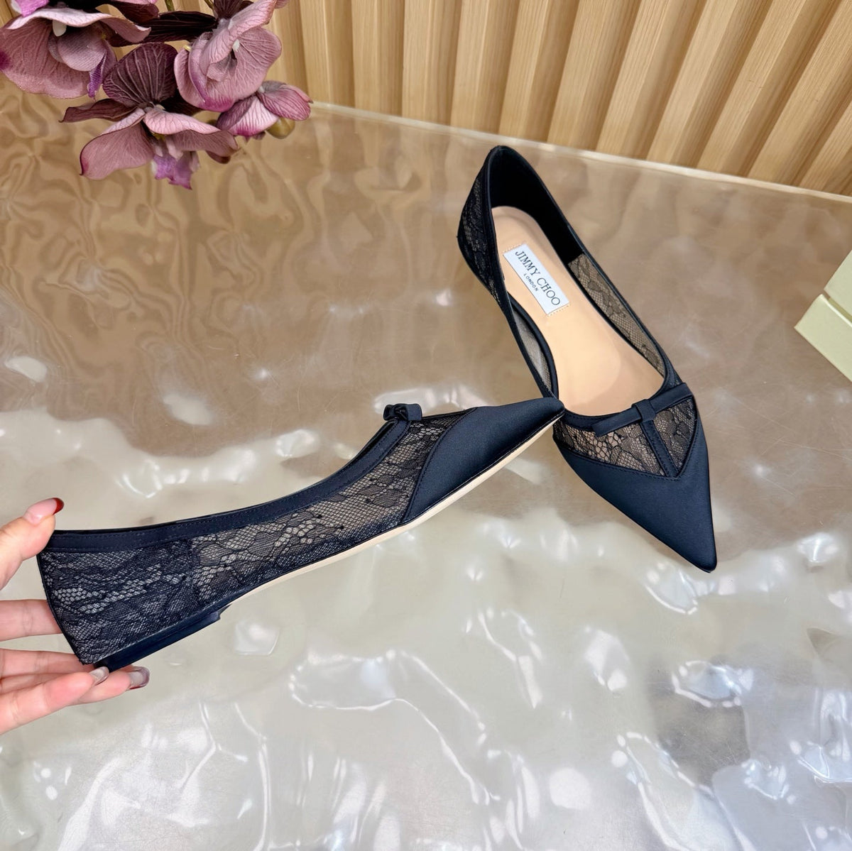 Jimmy Choo 26S Flats Black Lace And Satin 529146