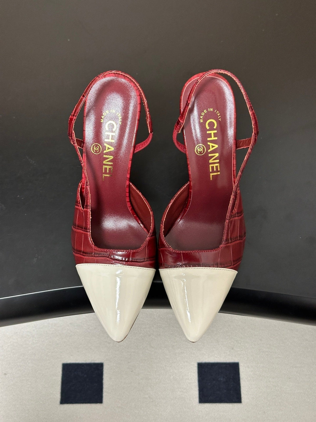 Chanel 26s Pointed Toe High Heel Slingbacks 8.5 Cm Dark Red Mix White Lambskin
