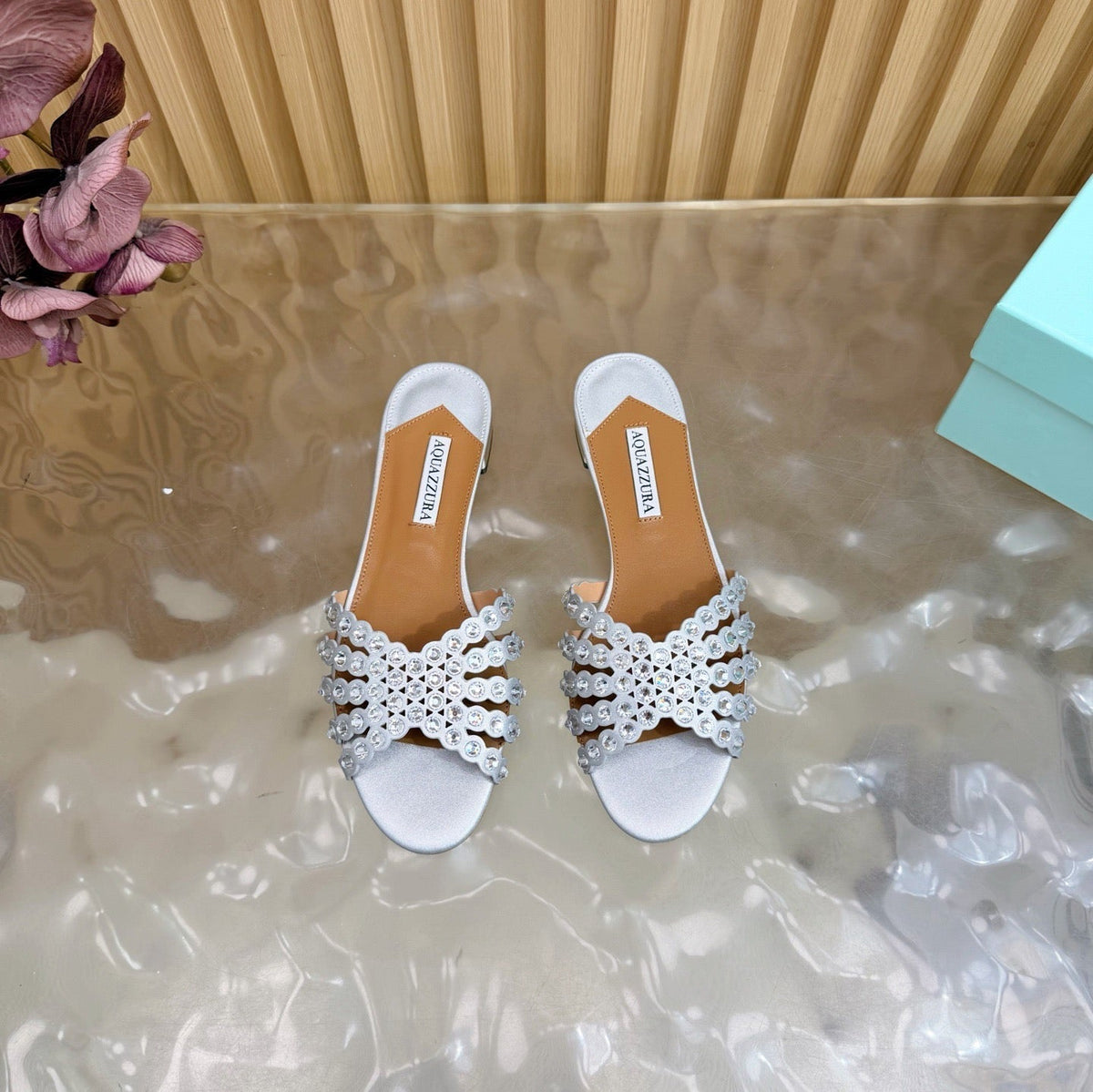 Aquazzura 26s Slides Silver Calfskin Crystal-Embellished Straps 729415