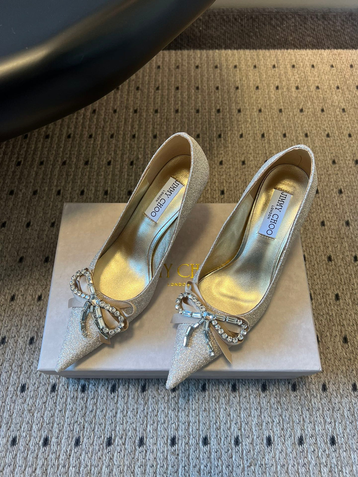 Jimmy Choo 26S High Heels 7.0cm Platinum Ice Glitter Fabric With Bow 841395