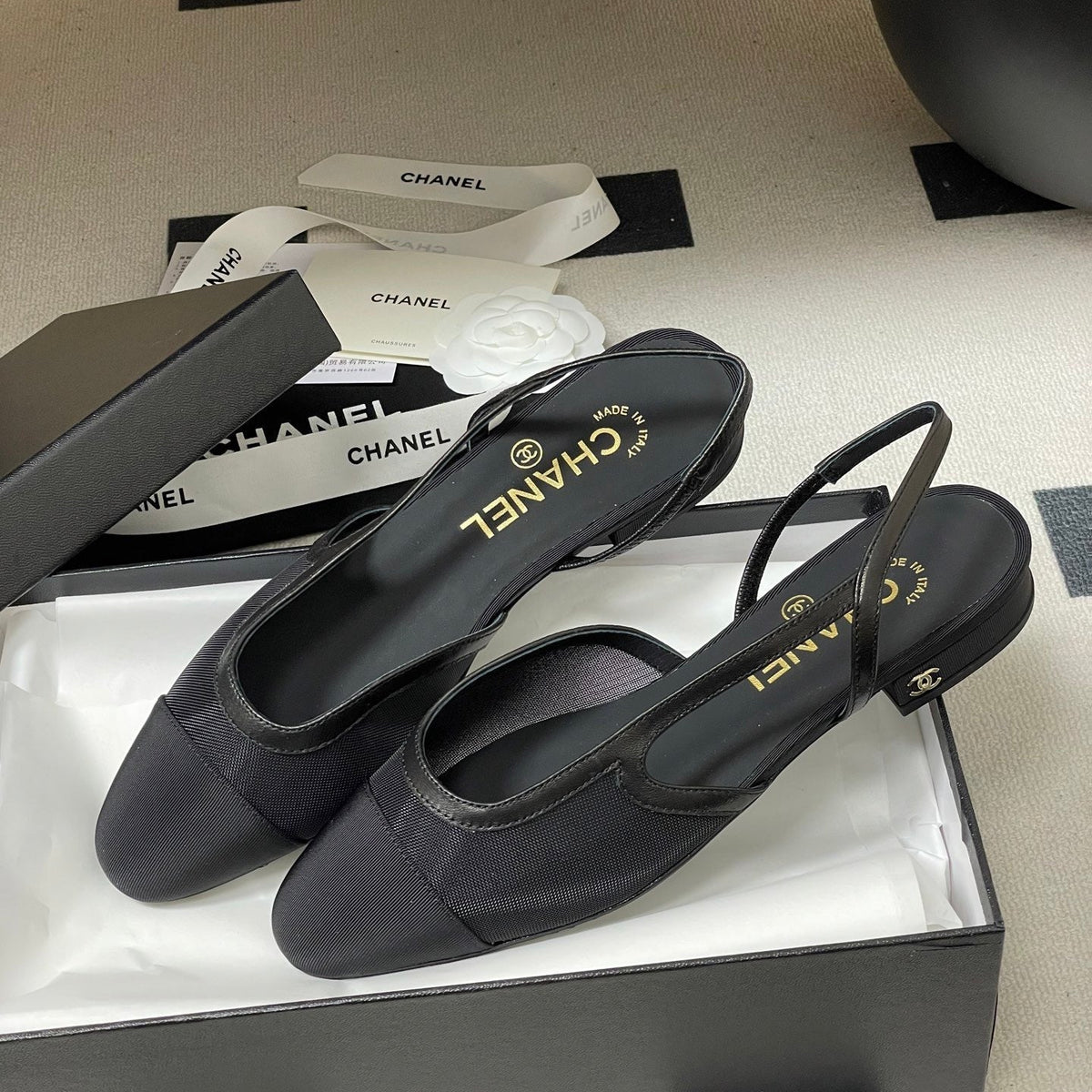 Chanel 26s Slingback Pumps Black Technical Fabric CC Logo
