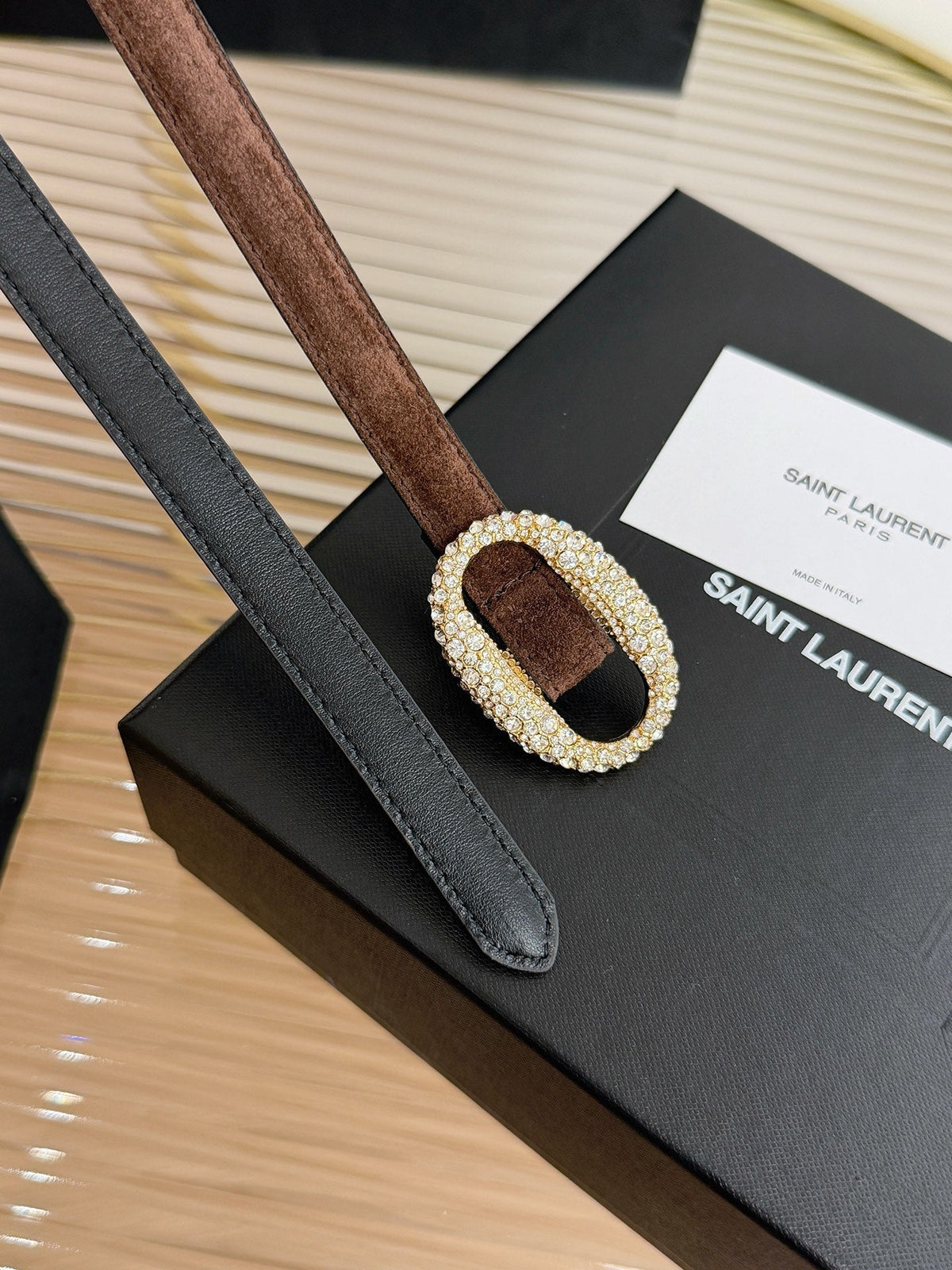 Saint Laurent 2026 Oval Belt 15mm Brown Suede 219134