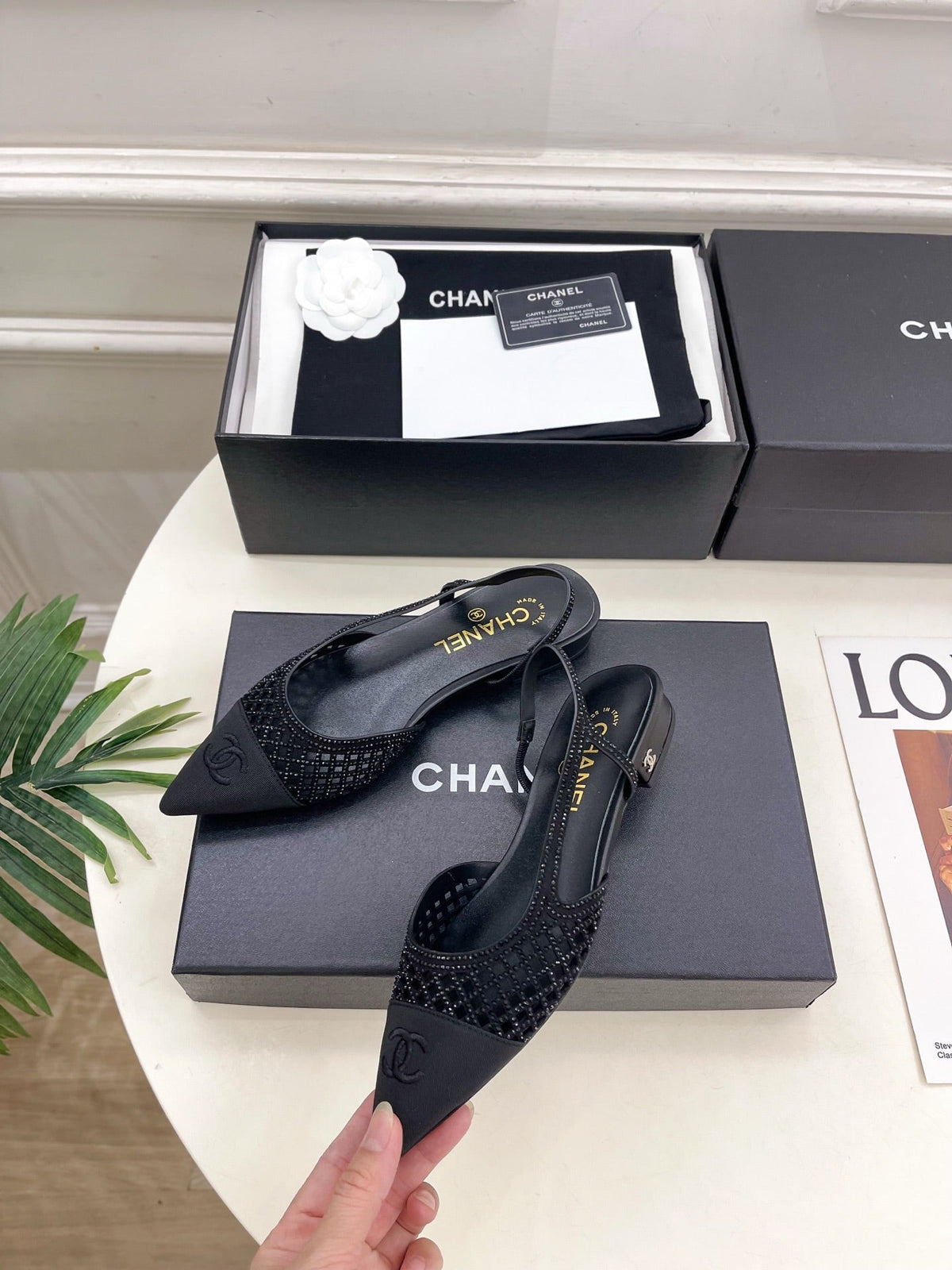 Chanel 26s Flat Pointed Toe Slingback Black Mesh