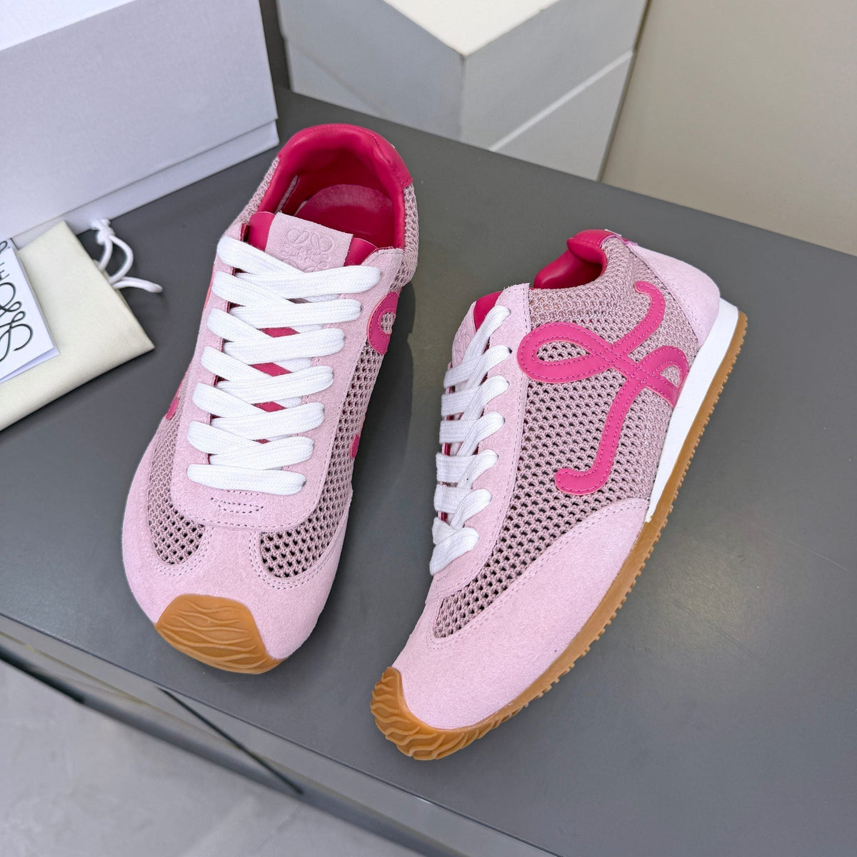 Loewe 26S Runner 2.0 Sneakers in Pink Suede and Mesh Fabric