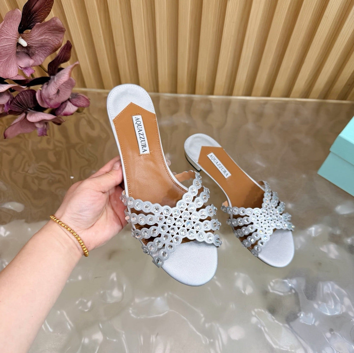 Aquazzura 26s Slides Silver Calfskin Crystal-Embellished Straps 729415