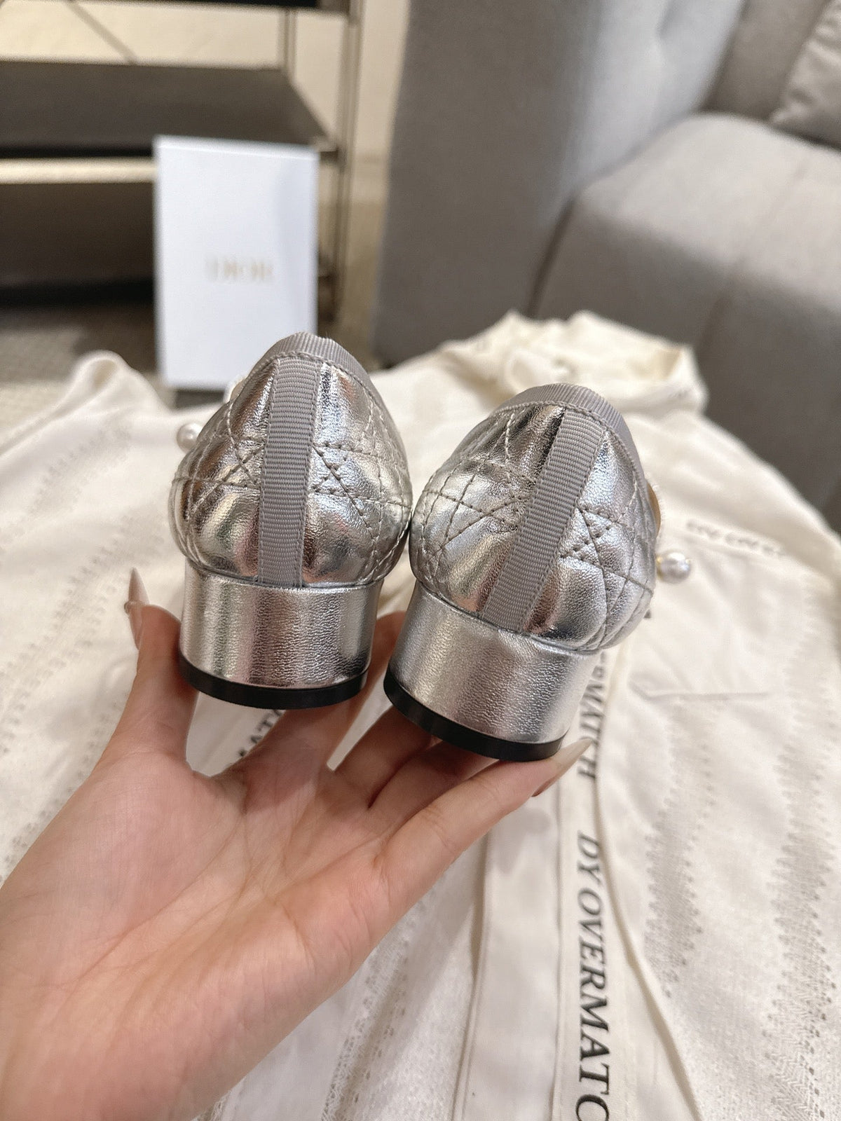 Dior 26s Mary Jane Pumps Silver Lambskin Pearl-Adorned Strap