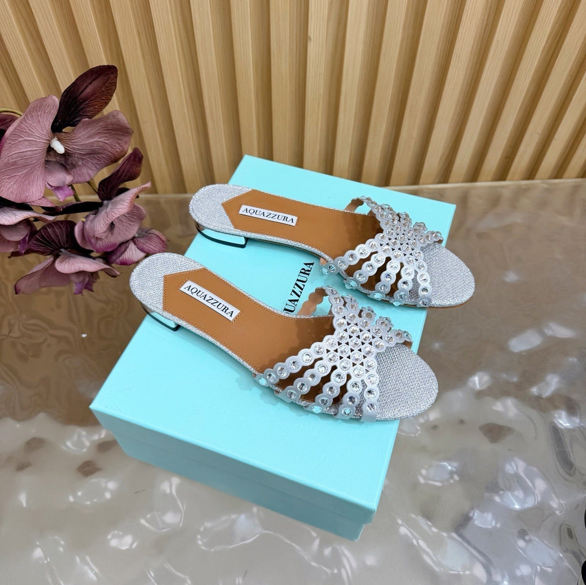 Aquazzura 26s Slides Silver Lurex Fabric 839214