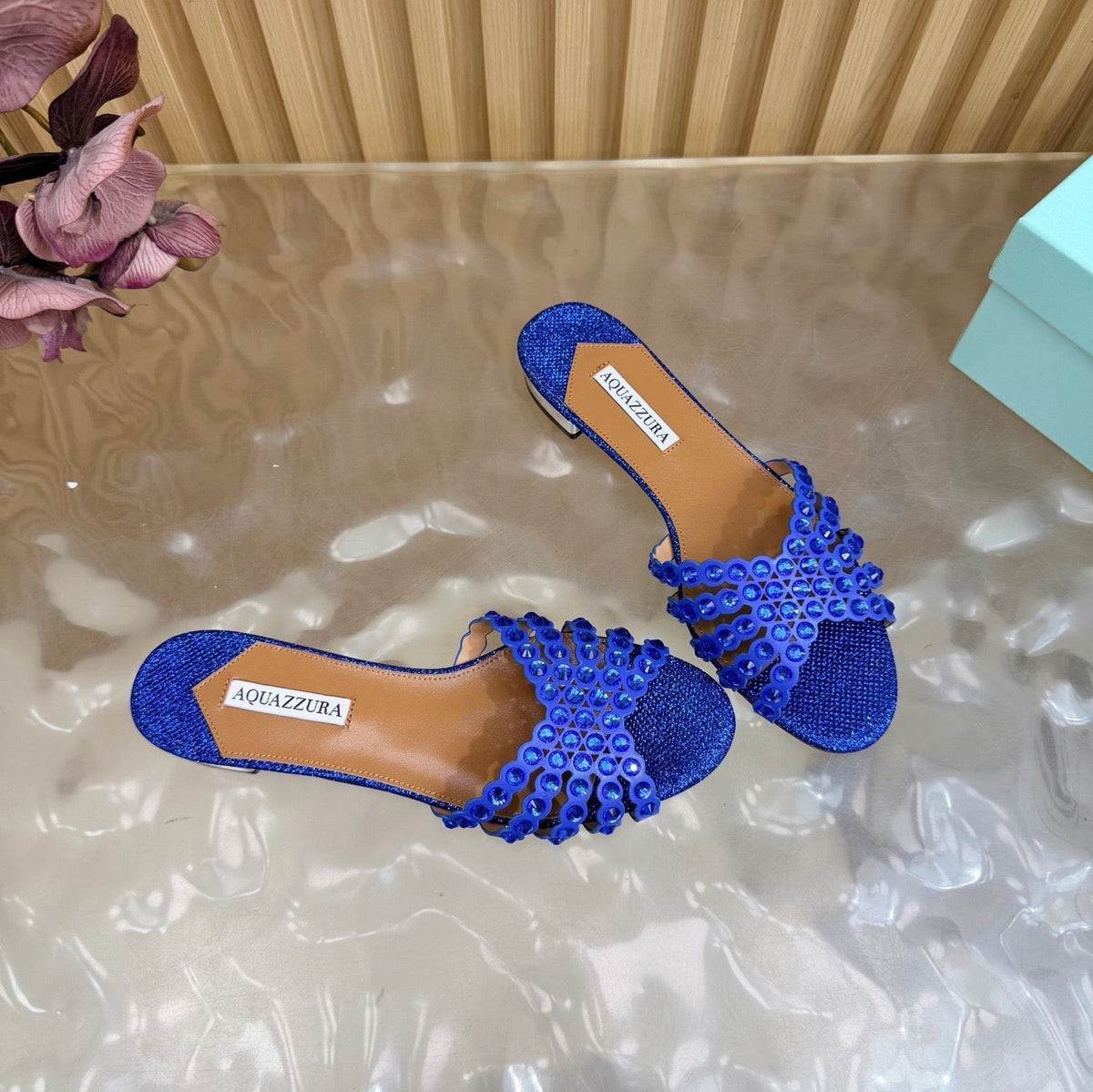 Aquazzura 26s Slides Navy Blue Lurex Fabric 614932