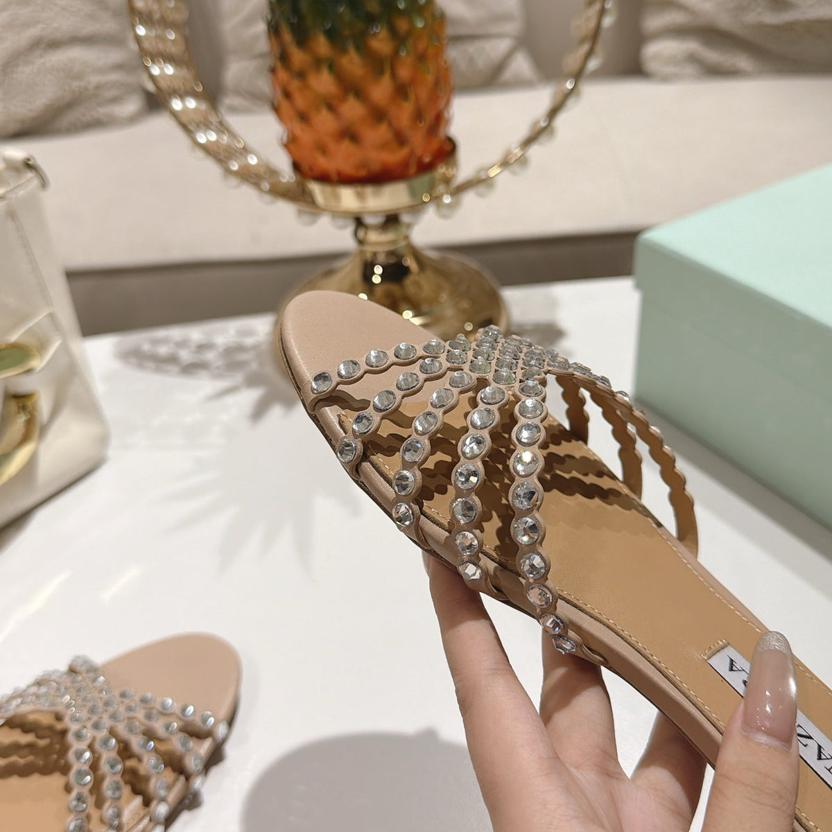 Aquazzura 26s Slides Beige Lambskin Crystal Embellished 619582