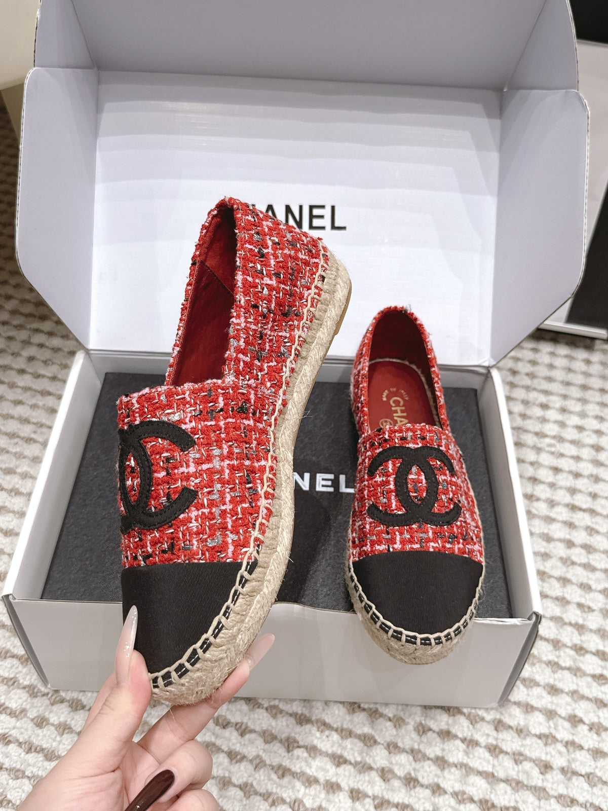 CC 26S Slip-Ons in Red Mix Black Tweed and Patent Calfskin