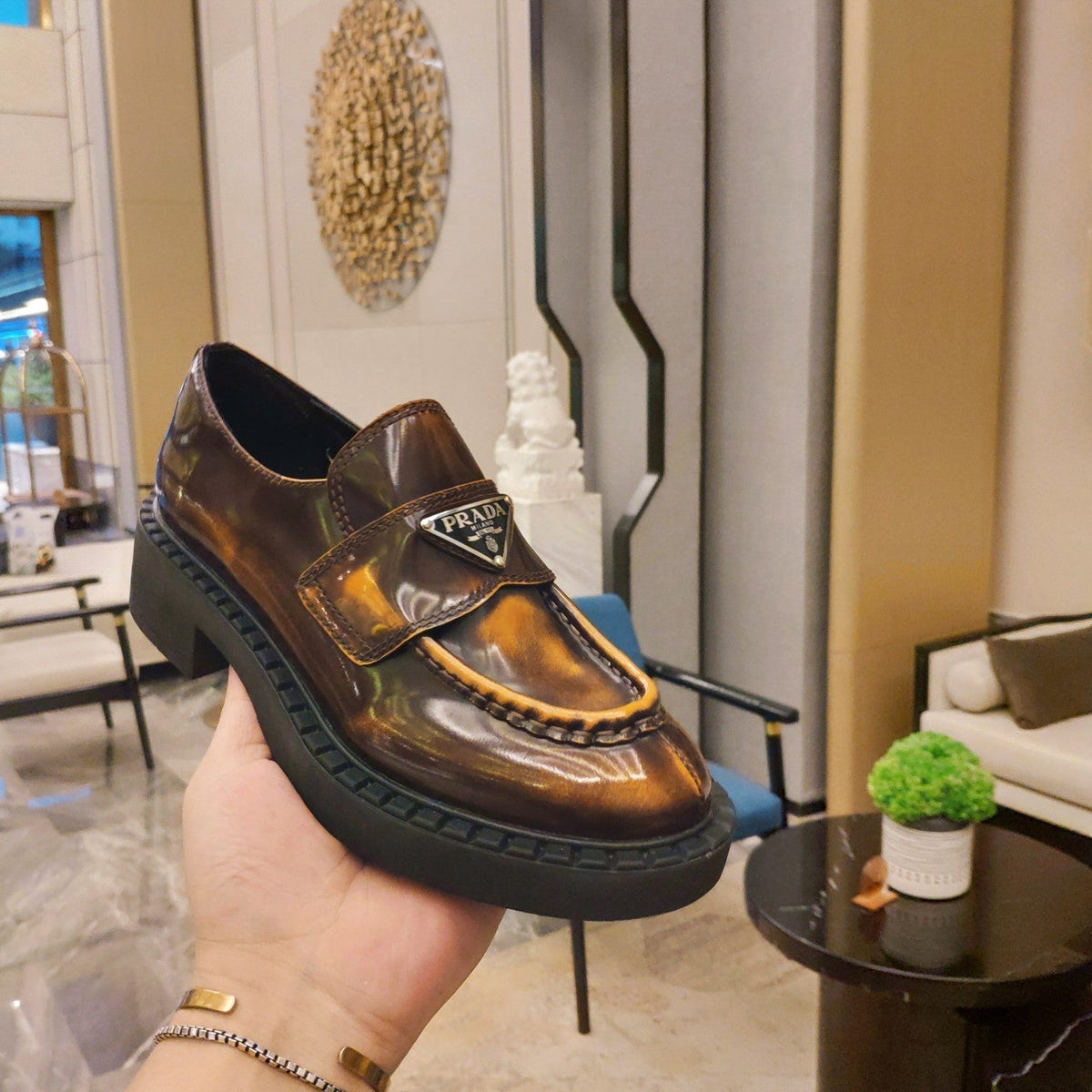 Prada 26S Penny Loafers 55mm Brown Patent Calfskin
