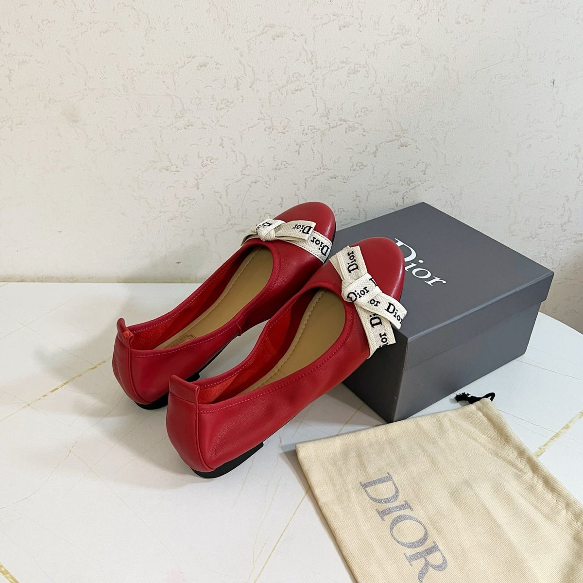 Dior 26s Bow Ballet Flats Dark Red Calfskin