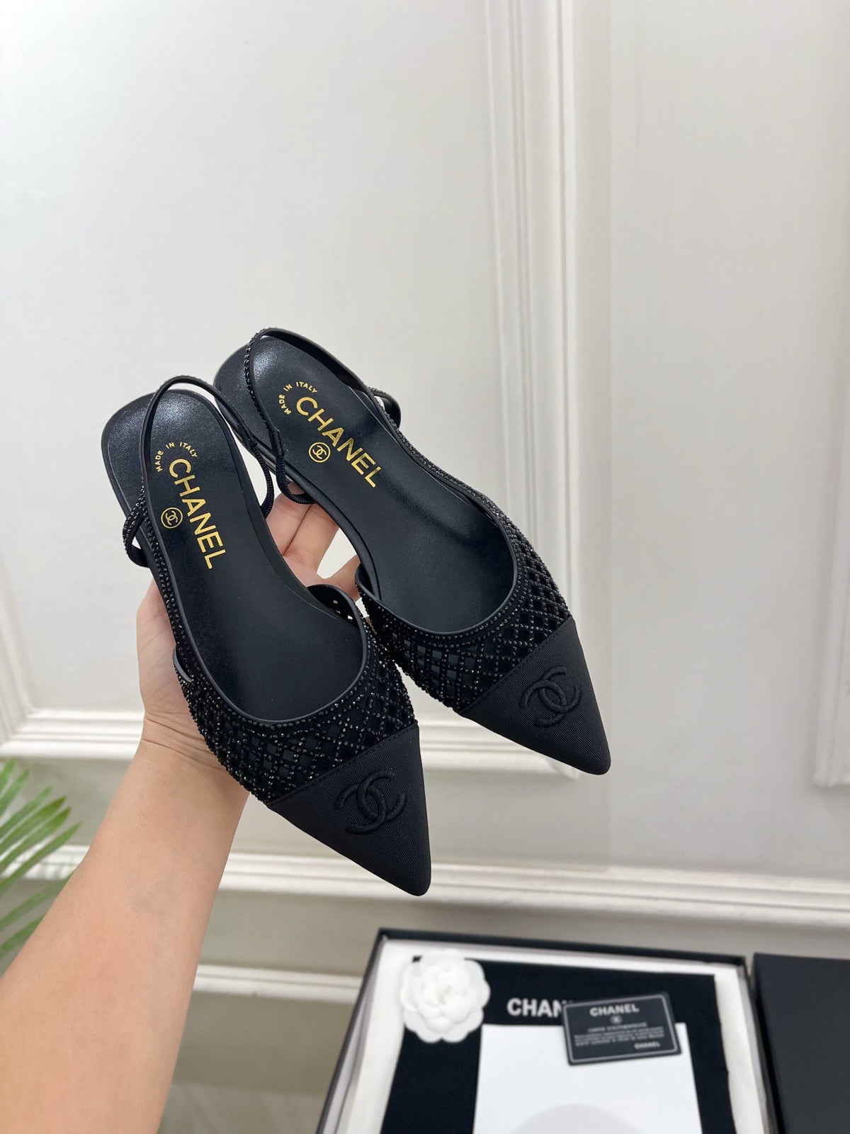 Chanel 26s Flat Pointed Toe Slingback Black Mesh
