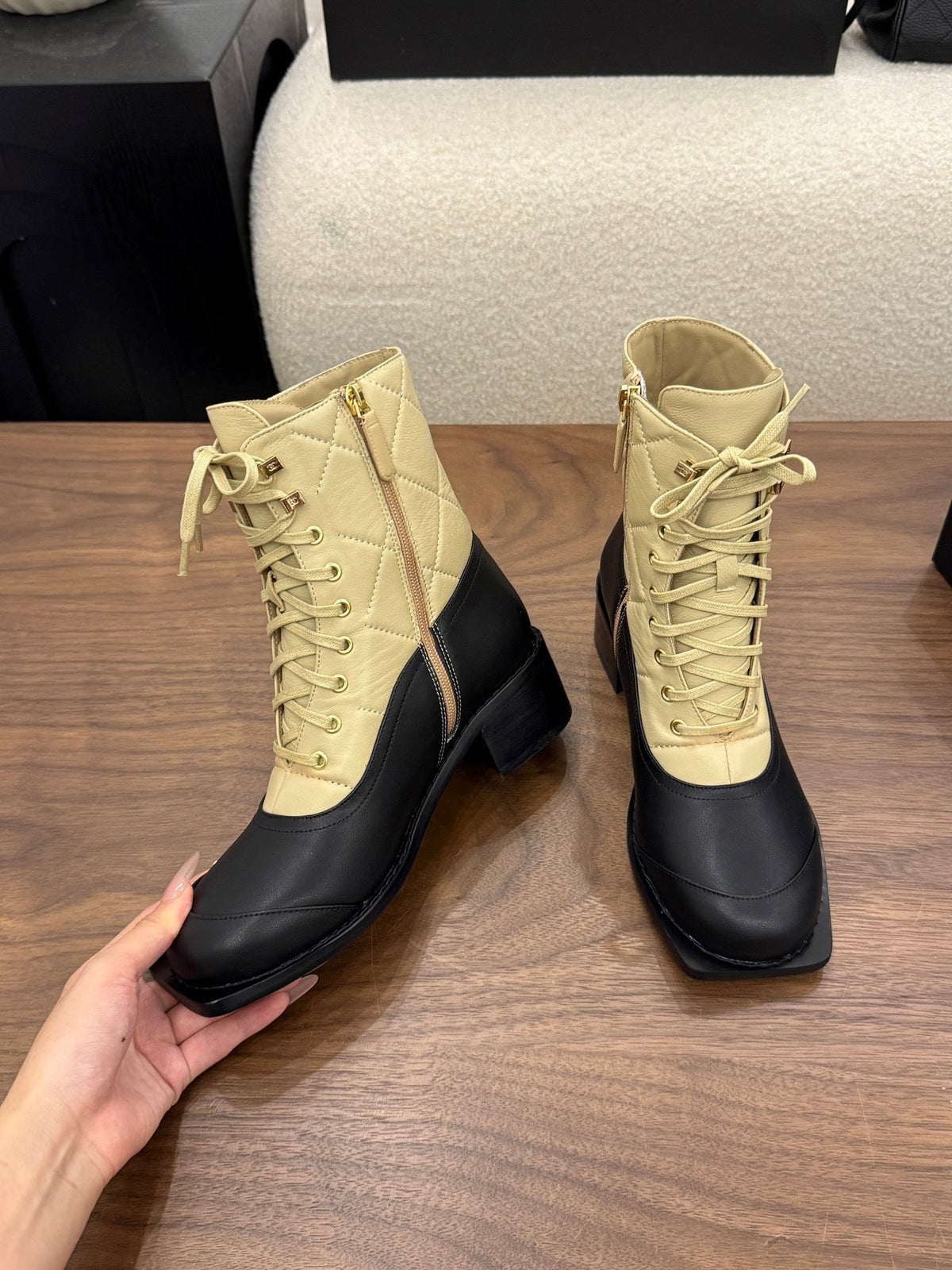 Chanel 26s Lace Up High Top Boots 4.5 Cm Black Beige Calfskin