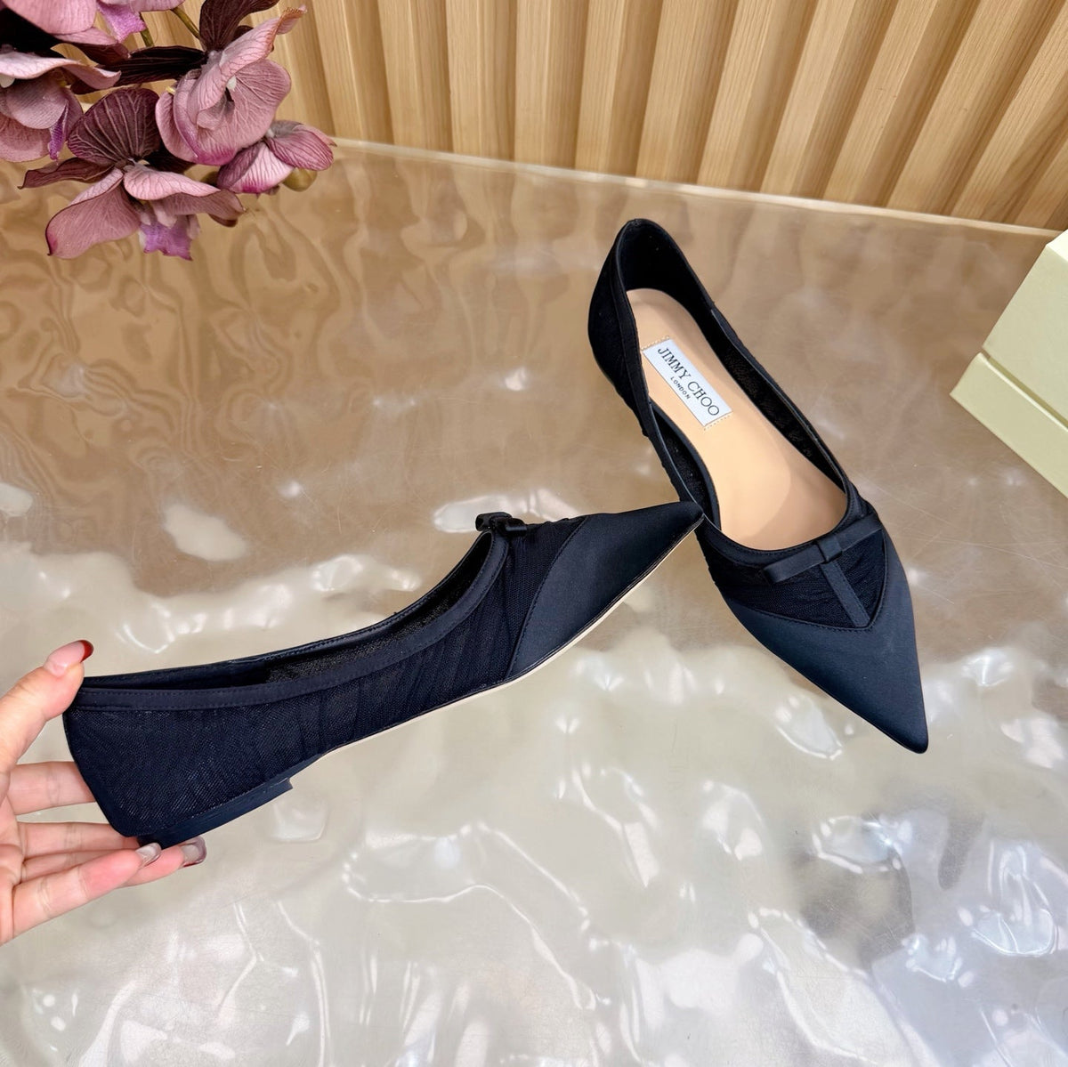 Jimmy Choo 26S Flats Black Mesh And Satin 518394