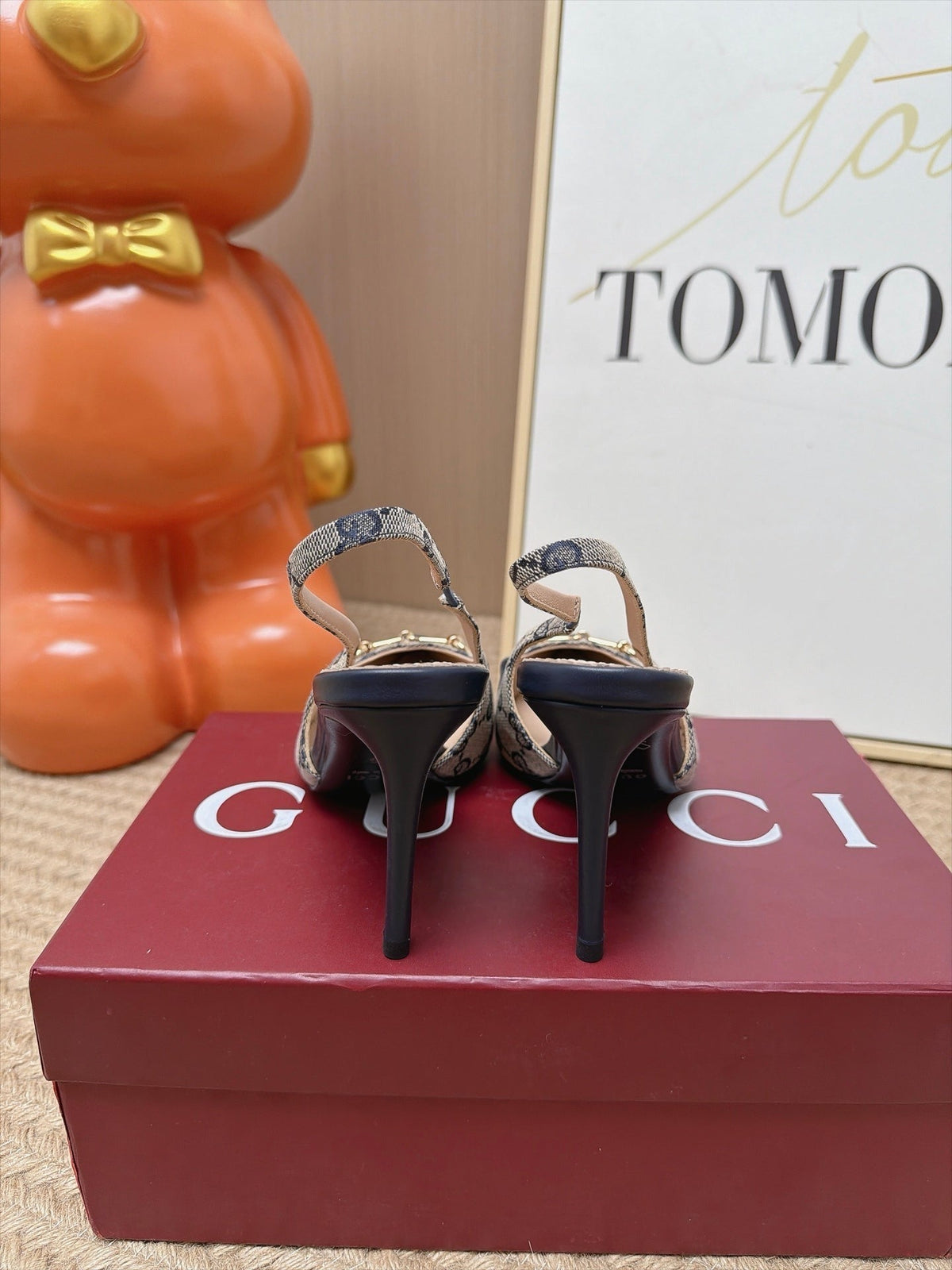 Gucci 26s Slingback Heels 10.5cm Grey Canvas Mix Navy Blue Lambskin