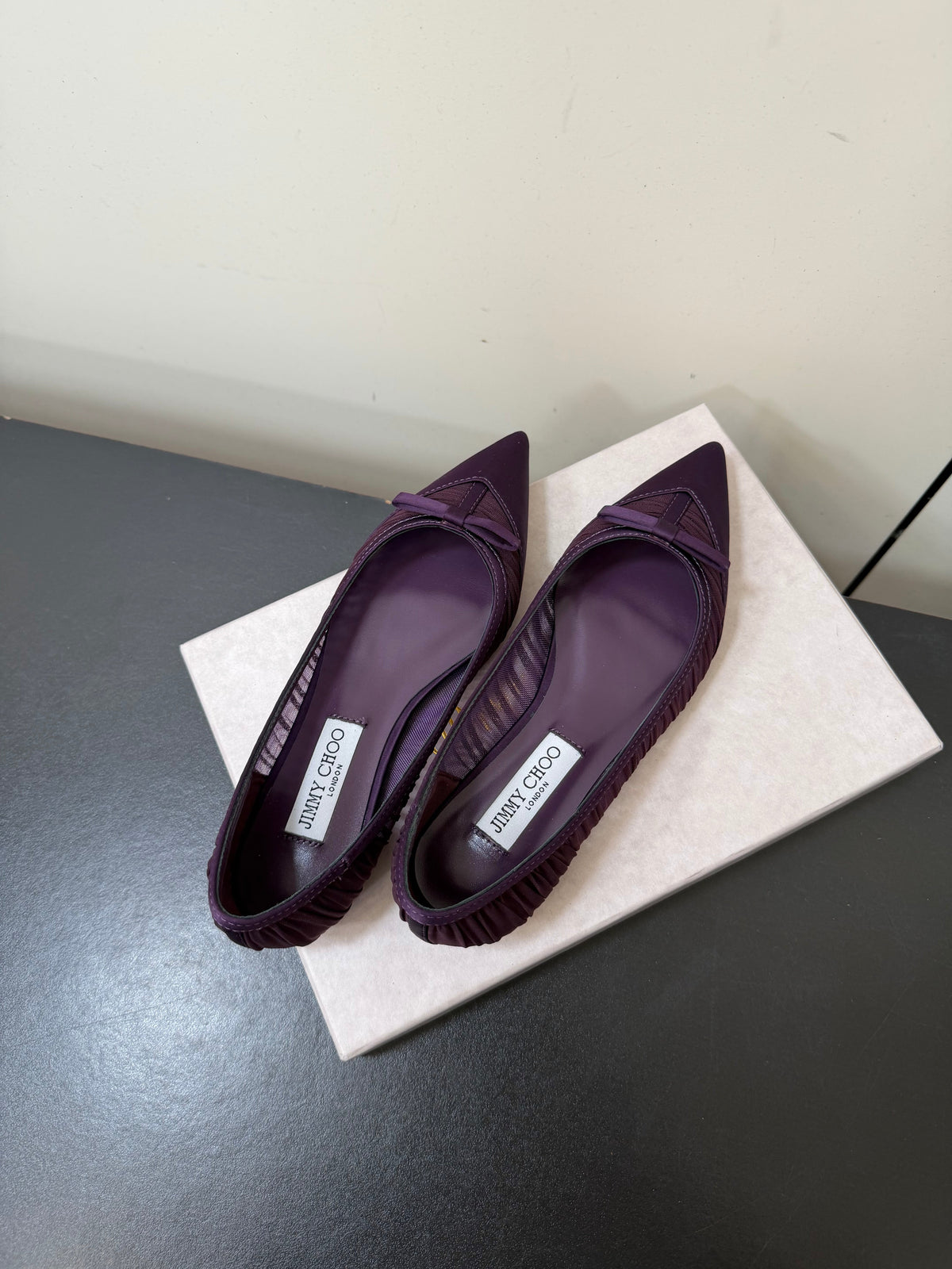 Jimmy Choo 26S Pointed-Toe Flats Dark Purple Satin 849312