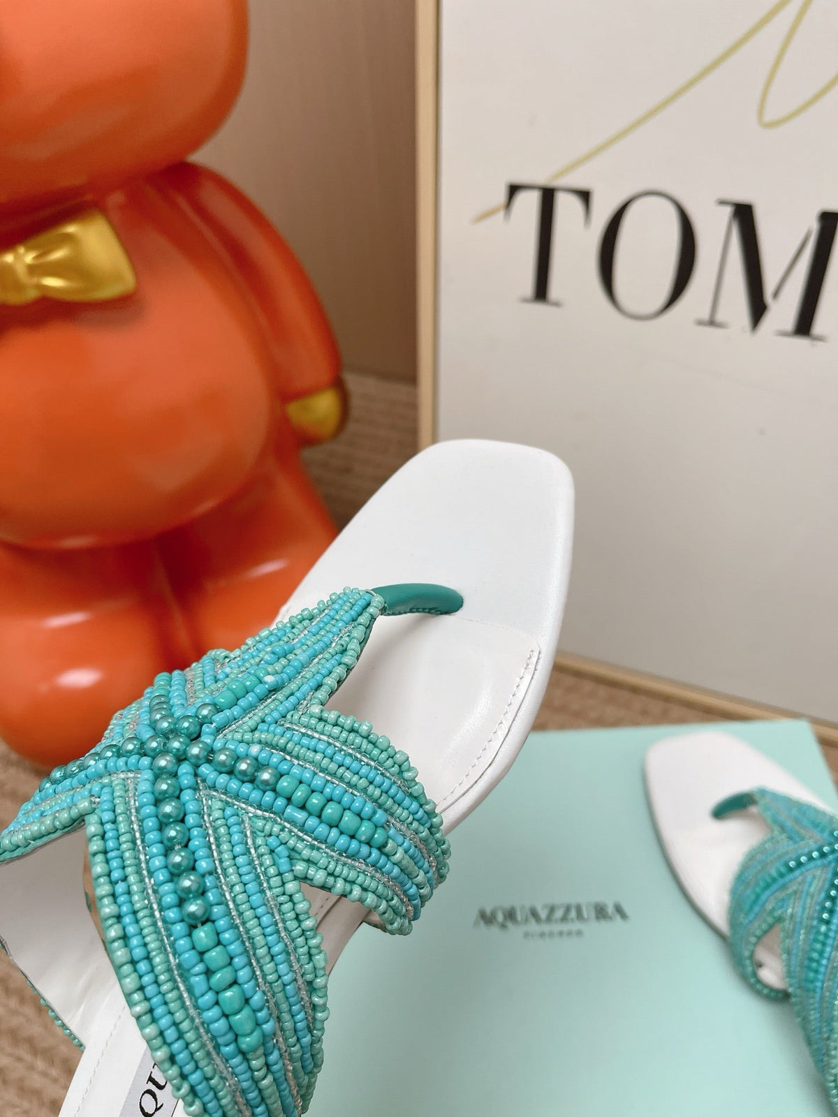 Aquazzura 26s Starfish Beaded Thong Sandals White & Turquoise Lambskin 174952