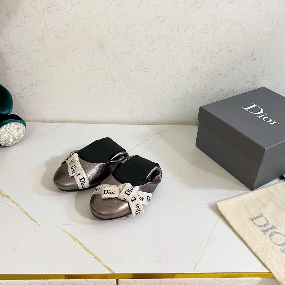 Dior 26s Bow Ballet Flats Taupe Metallic Calfskin