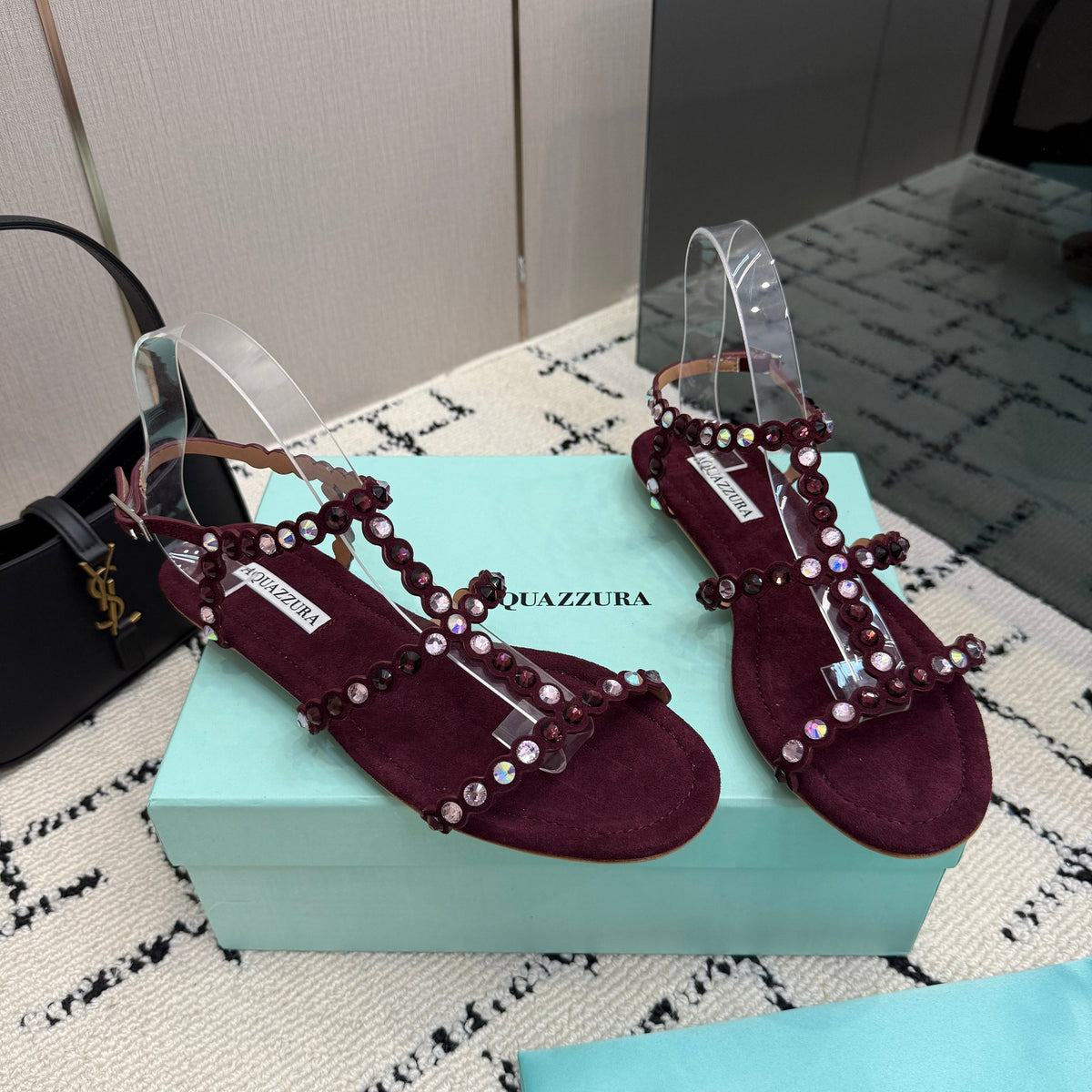 Aquazzura 26s Flat Sandals Dark Red Suede Crystal-Embellished 824195