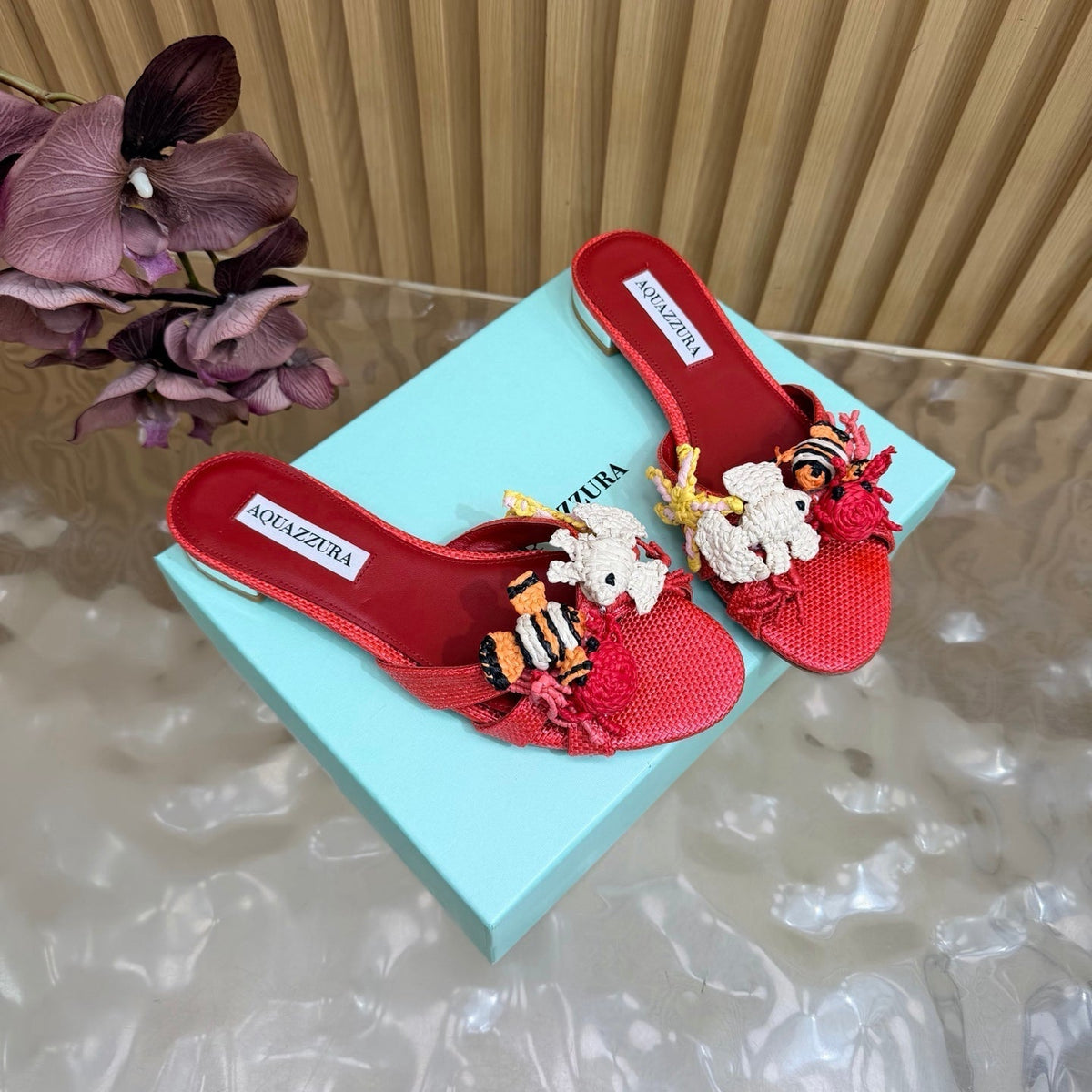 Aquazzura 26s Sandals Red Canvas With Crochet Appliques 741953