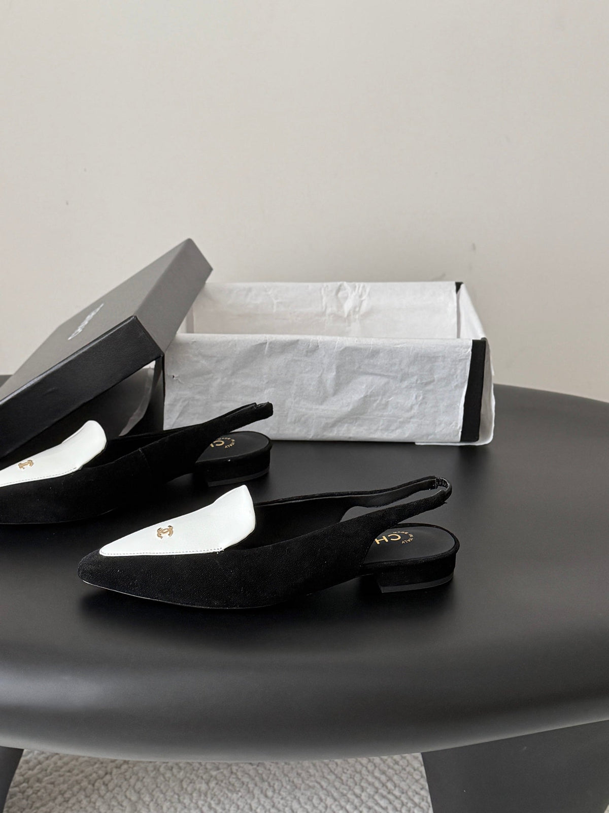 Chanel 26s Slingback Flat Black White Suede CC Logo