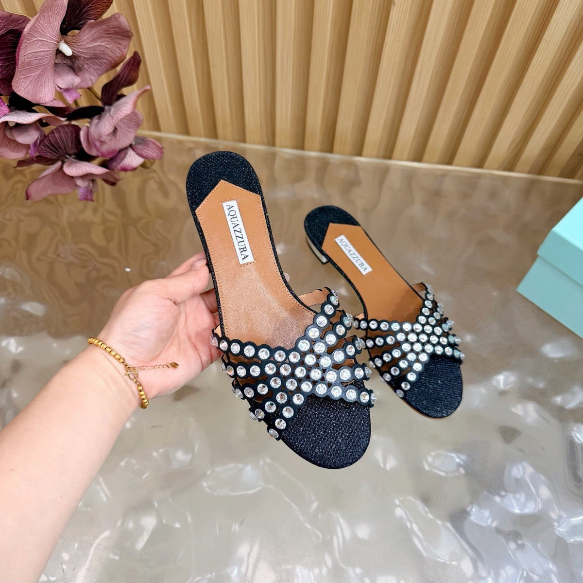 Aquazzura 26s Slides Black Lurex Fabric 830154