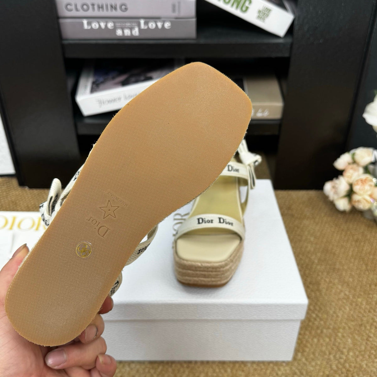 Dior 26s Espadrille Wedge Sandal Beige Canvas Calfskin