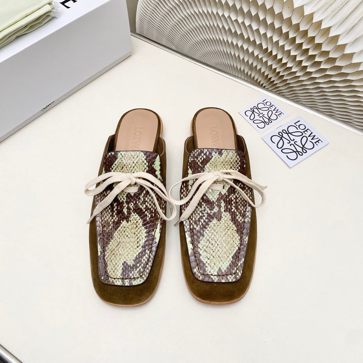LW 26s Flat Mules In Snakeskin-Embossed Calfskin And Brown Suede