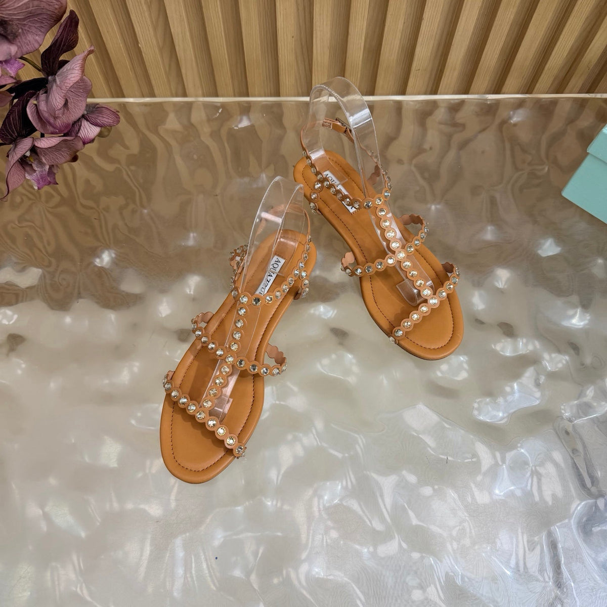 Aquazzura 26s Flat Sandals Light Brown Calfskin Crystal Embellished 481057
