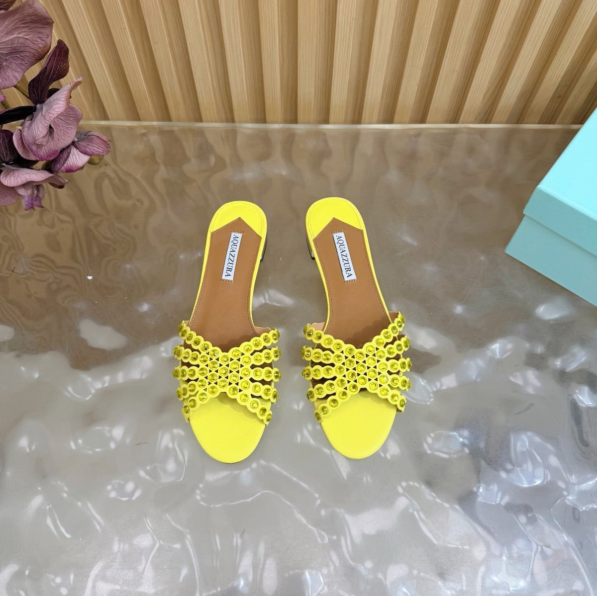 Aquazzura 26s Slides Yellow Calfskin Crystal-Embellished Straps 395104