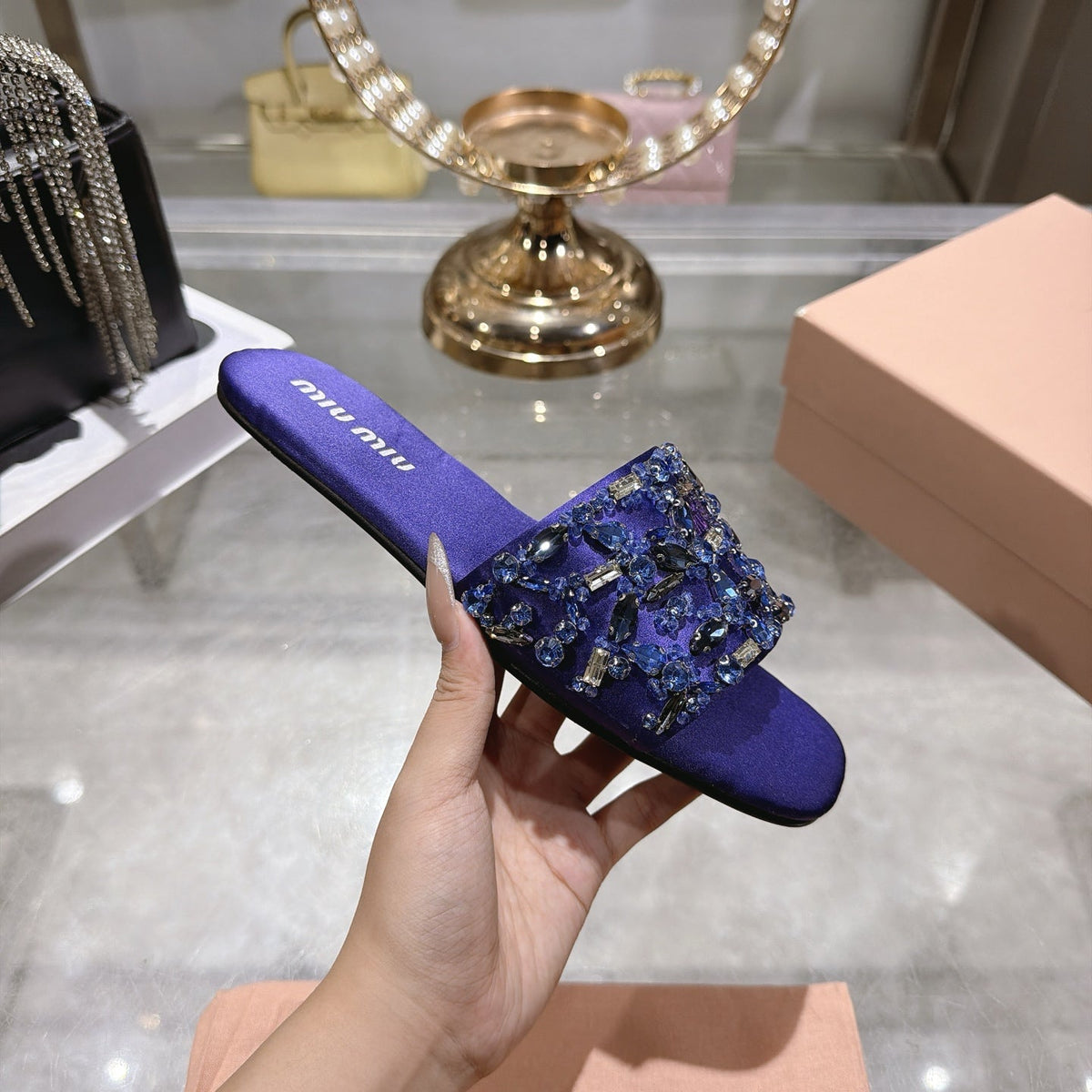 Miumiu 26s Sandals Purple Embellished Silk