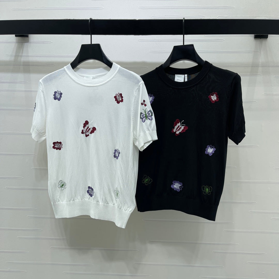CD 2026 Embroidered Butterfly Knit Short-Sleeve T-Shirt Cotton 422553