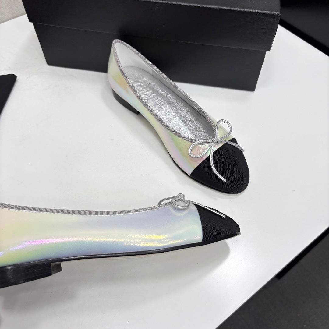 CC 2026 Ballet Flats Silver Black Logo Iridescent Rainbow Lambskin 161753