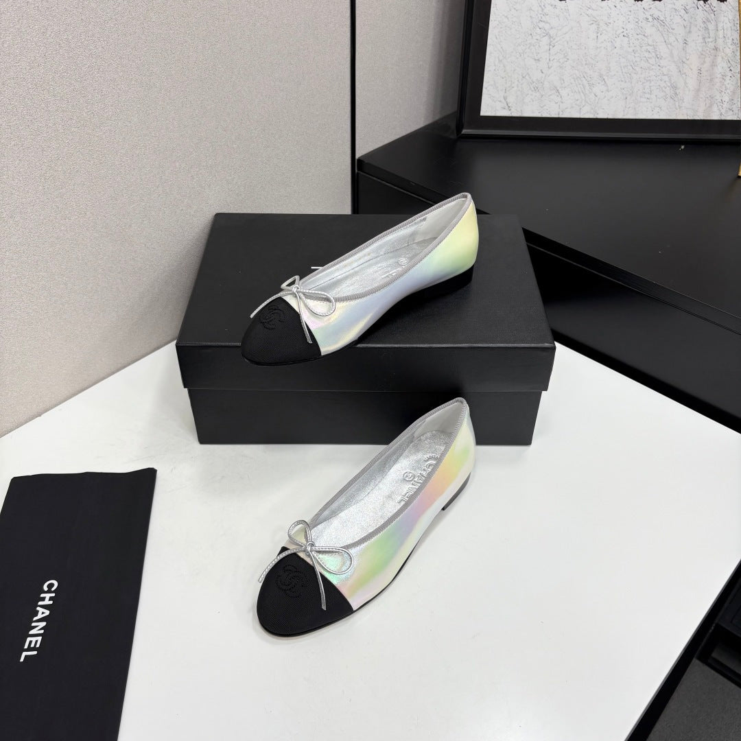 CC 2026 Ballet Flats Silver Black Logo Iridescent Rainbow Lambskin 161753