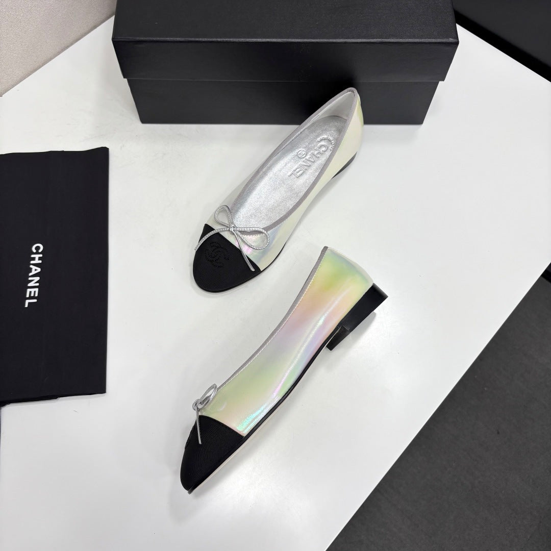 CC 2026 Ballet Flats Silver Black Logo Iridescent Rainbow Lambskin 161753
