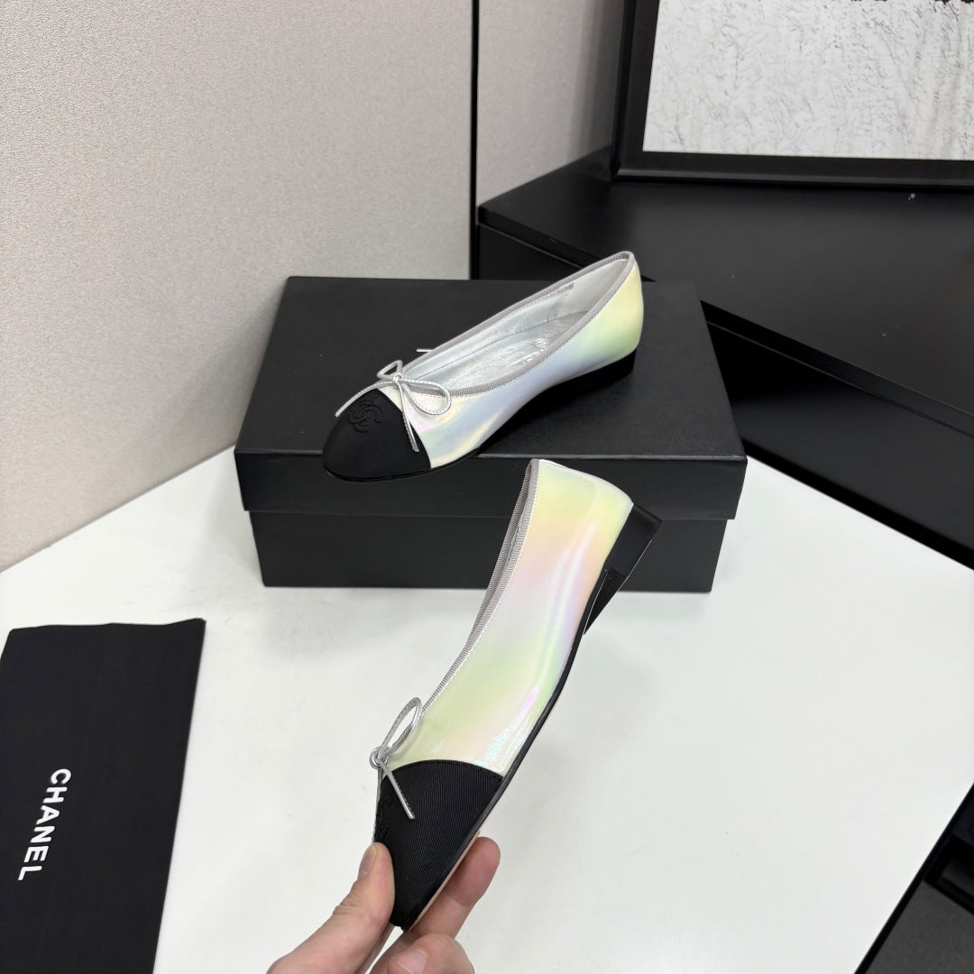 CC 2026 Ballet Flats Silver Black Logo Iridescent Rainbow Lambskin 161753