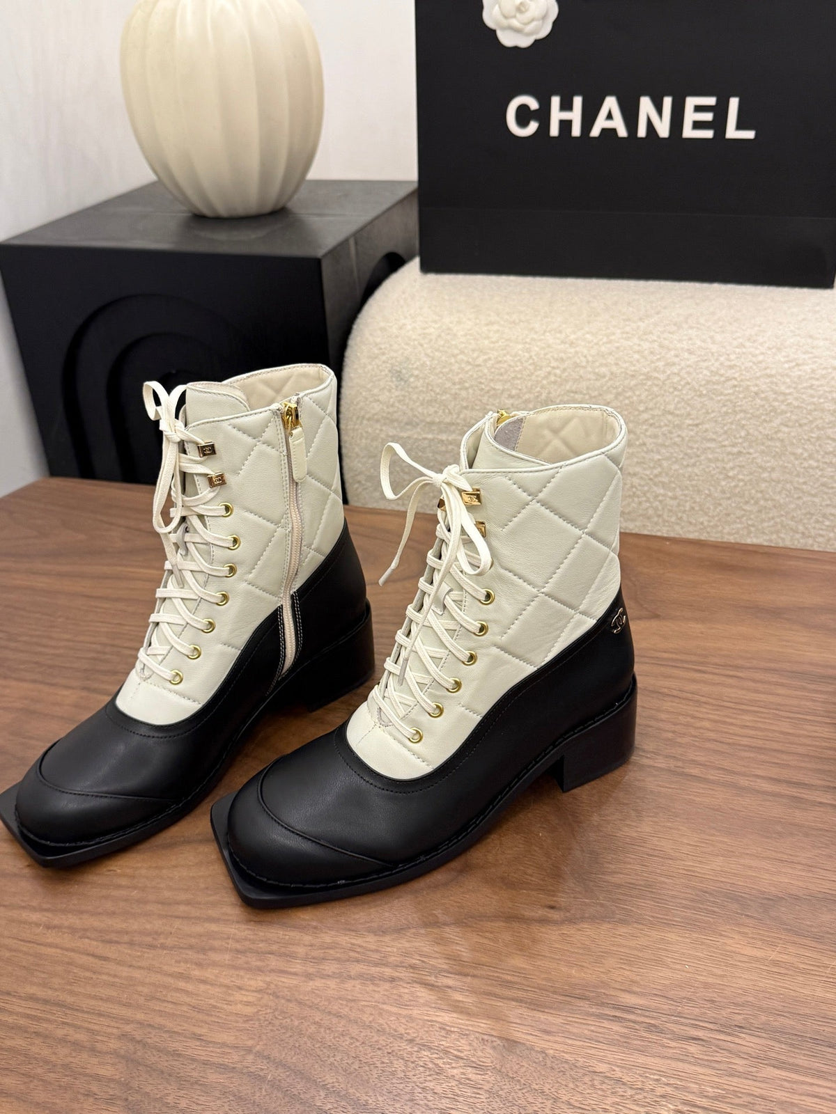 Chanel 26s Lace Up High Top Boots 4.5 Cm Black White Calfskin