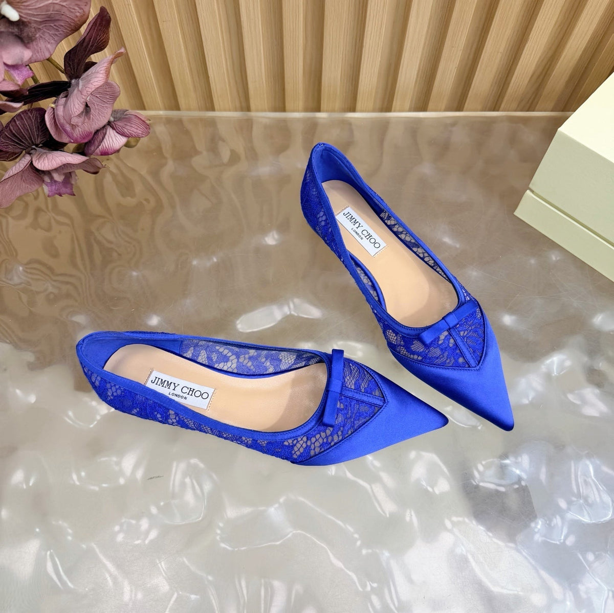 Jimmy Choo 26S Flats Dark Blue Lace And Satin 735219