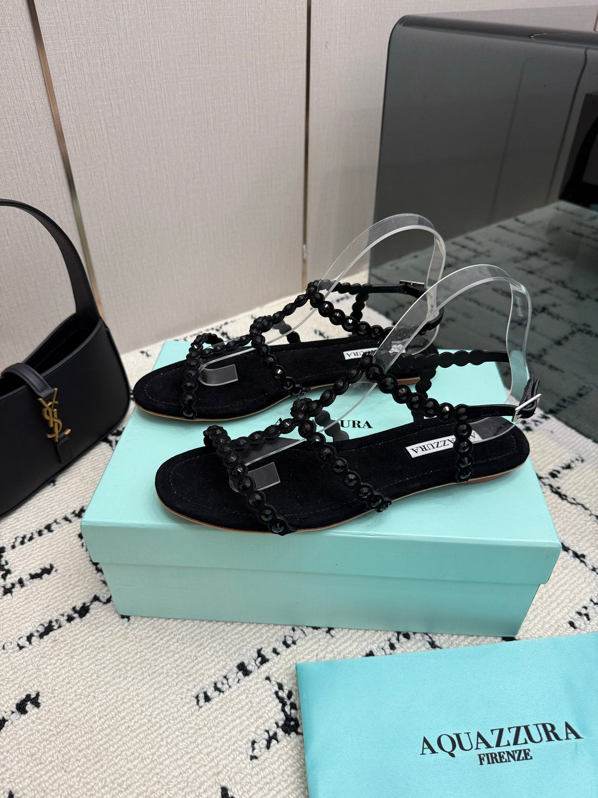 Aquazzura 26s Flat Sandals Black Suede Crystal-Embellished 381054