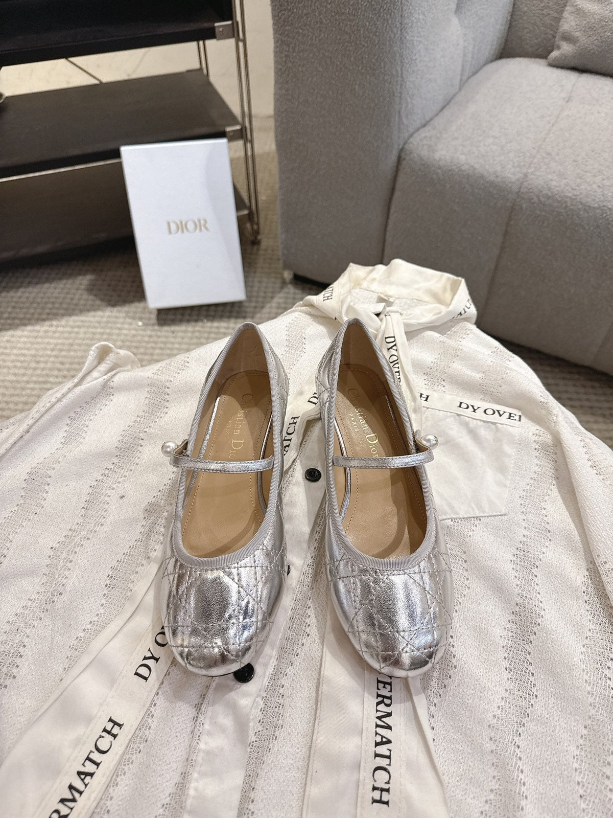 Dior 26s Mary Jane Pumps Silver Lambskin Pearl-Adorned Strap