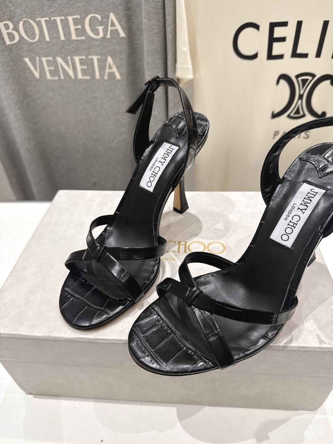 Jimmy Choo 26S High-Heeled Sandals 10.0cm Black Croc-Embossed Lambskin 582194