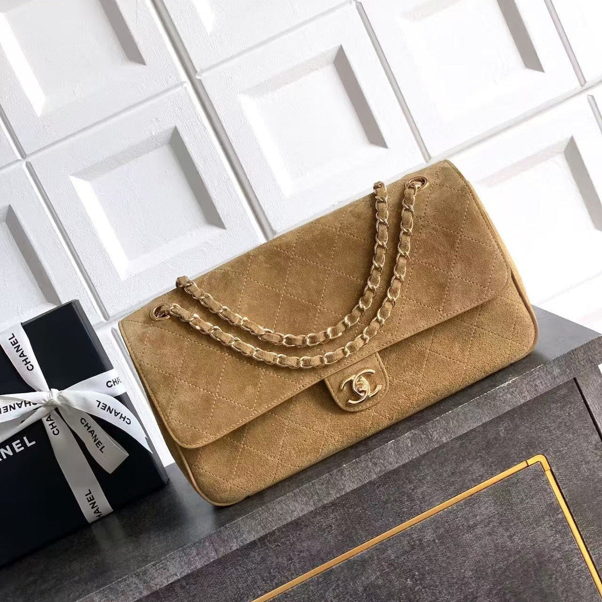 Chanel Maxi Flap Bag 32cm Beige Suede Leather