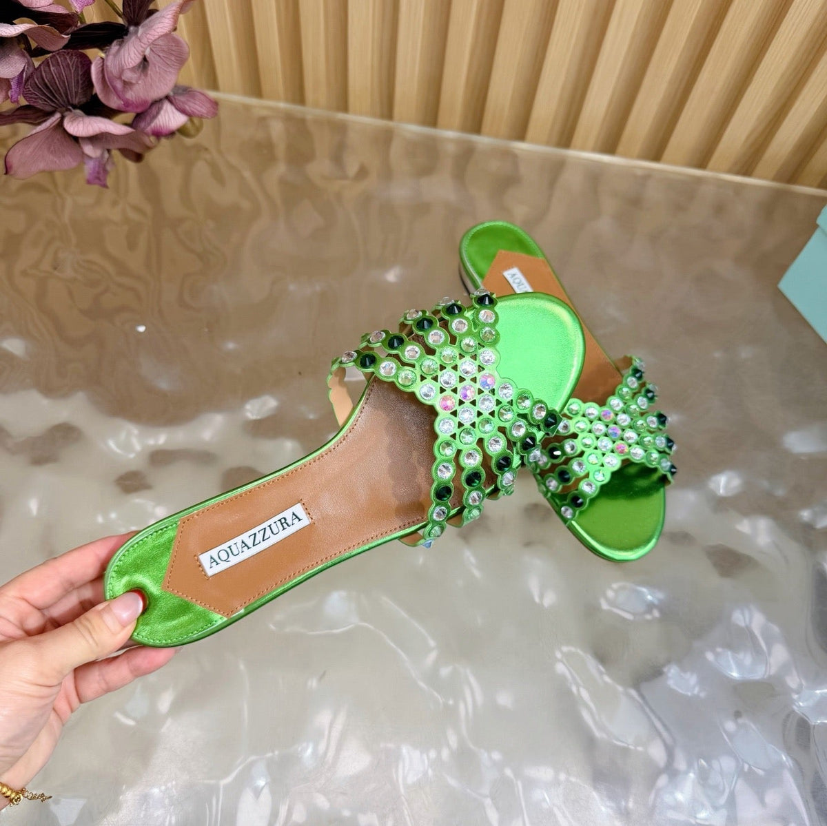 Aquazzura 26s Slides Green Lambskin Crystal Embellished 741935