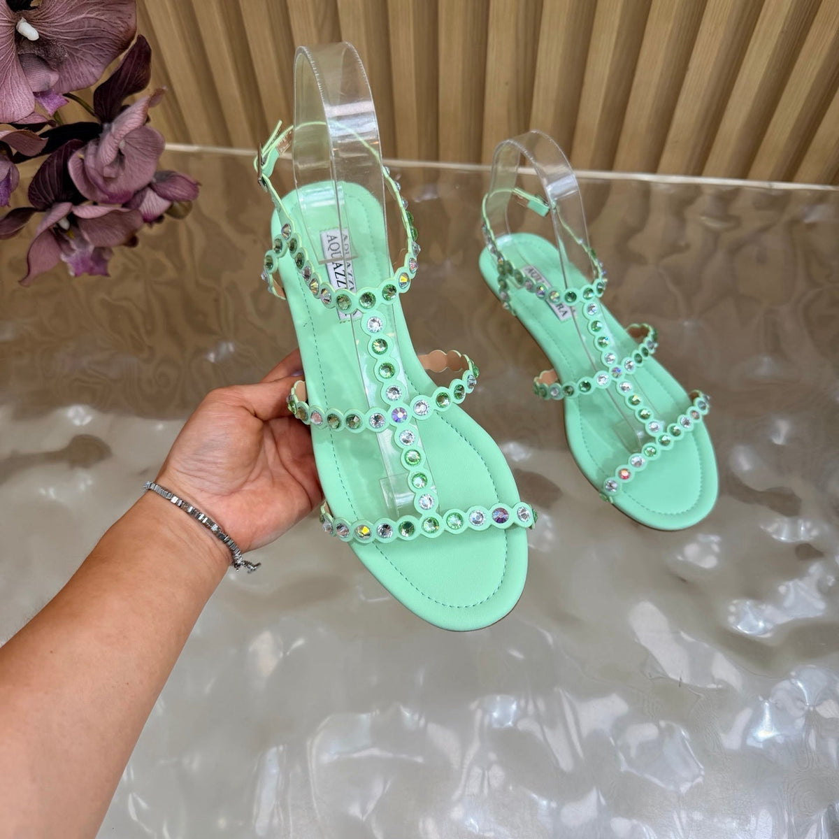 Aquazzura 26s Flat Sandals Mint Green Calfskin Crystal Embellished 694215