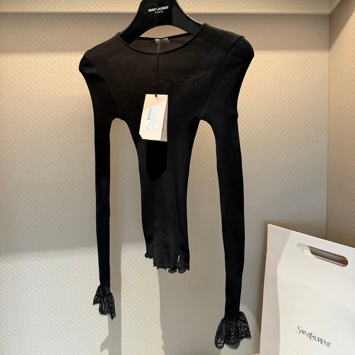 YSL Lace-Trimmed Ribbed-Knit Long-Sleeve Top Black Silk